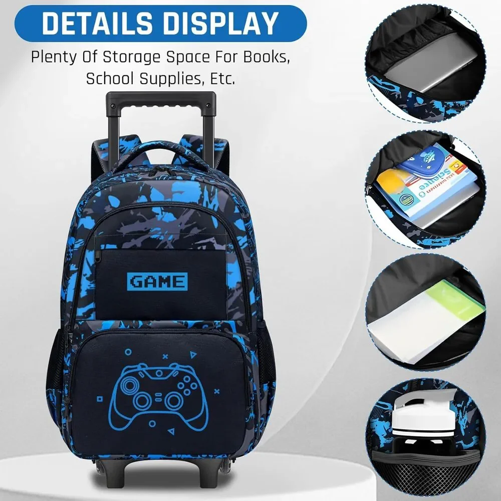 Boys Rolling Backpack for Kids Gamer Roller School Bookbag Aged 6-18